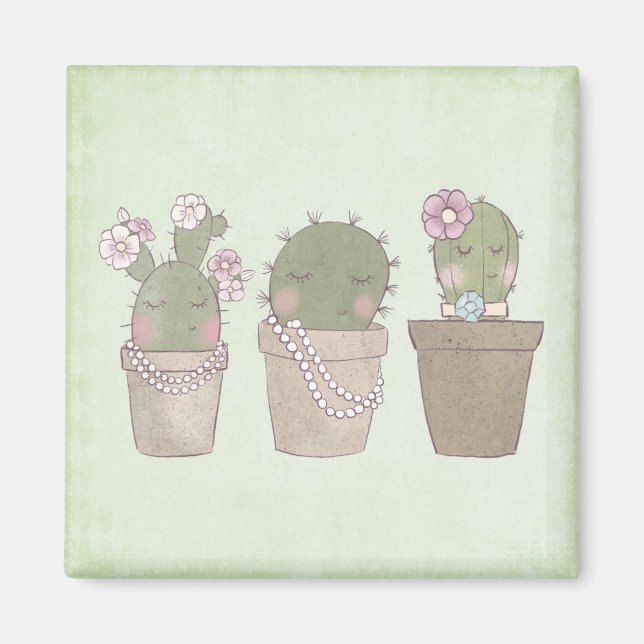 Cute Cactus Girls Wearing Jewellery Magnet (Front)