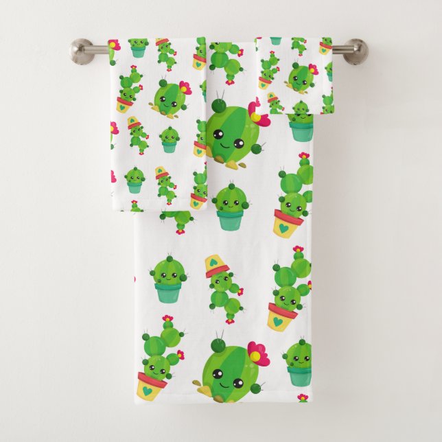 Cute Cactus, Green Cactus, Cactus Pattern Bath Towel Set (Insitu)
