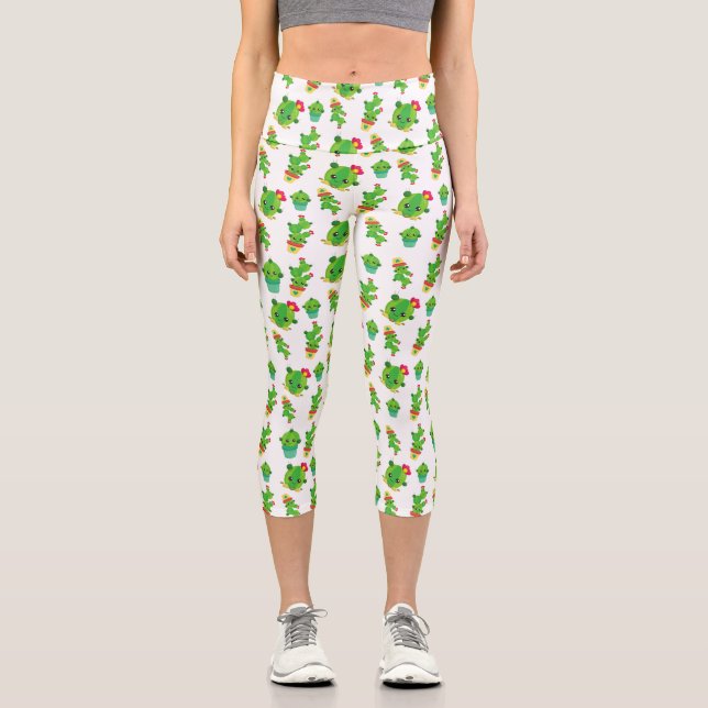 Cute Cactus, Green Cactus, Cactus Pattern Capri Leggings (Front)