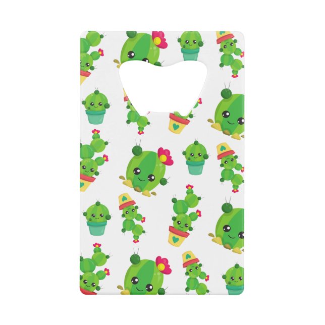 Cute Cactus, Green Cactus, Cactus Pattern Credit Card Bottle Opener (Front)