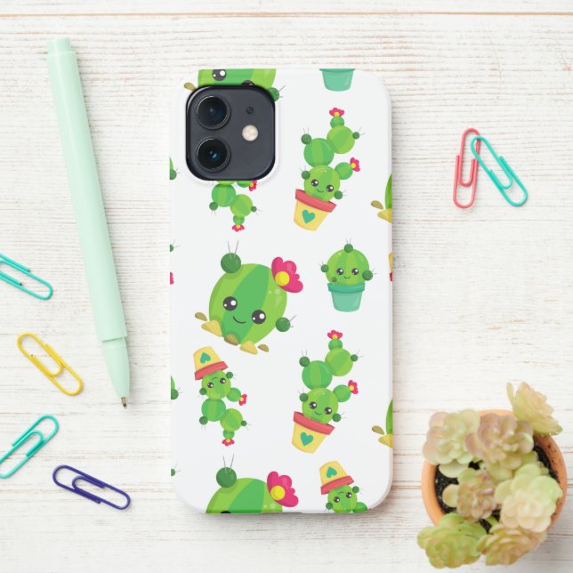 Cute Cactus, Green Cactus, Cactus Pattern iPhone Case (On Desk)