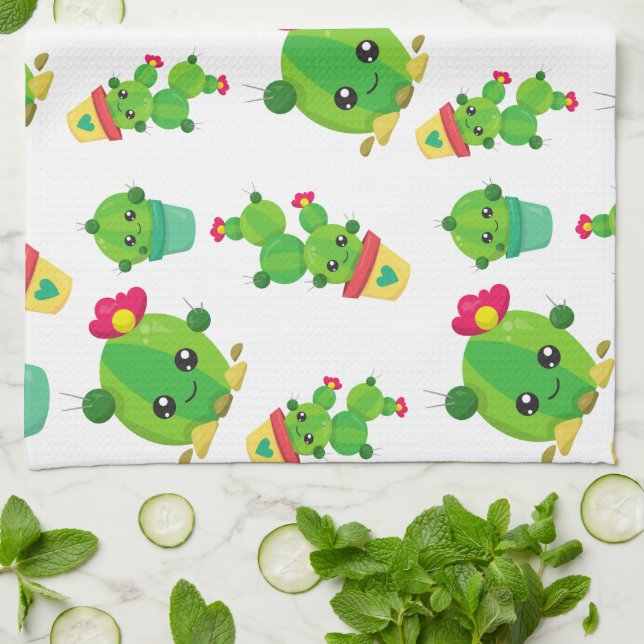 Cute Cactus, Green Cactus, Cactus Pattern Kitchen Towel (Folded)