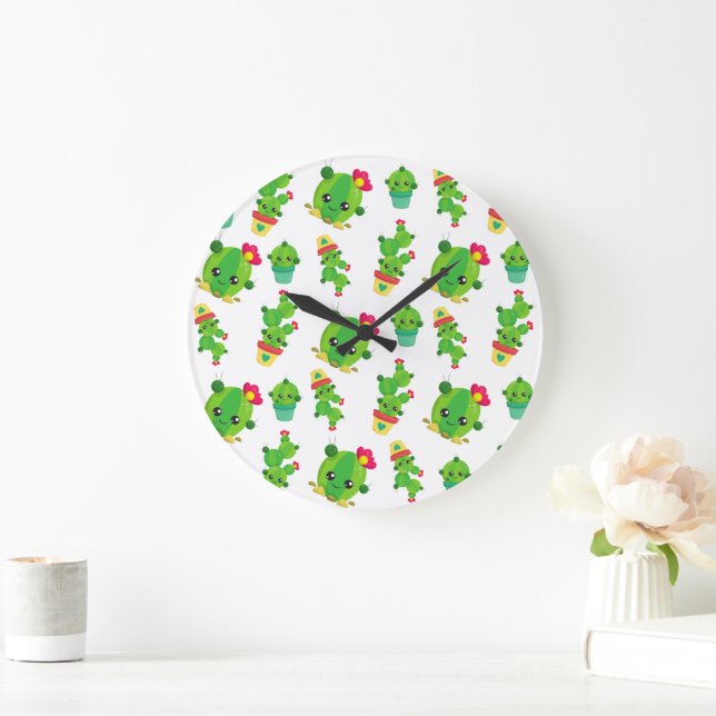 Cute Cactus, Green Cactus, Cactus Pattern Large Clock (Home)