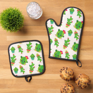 Cute Cactus, Green Cactus, Cactus Pattern Oven Mitt & Pot Holder Set