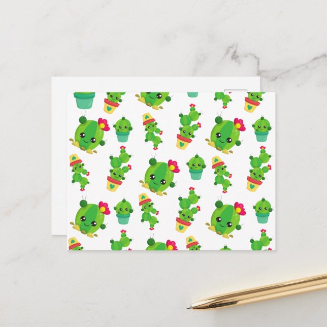 Cute Cactus, Green Cactus, Cactus Pattern Postcard (Front/Back In Situ)