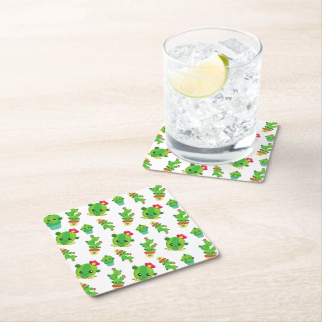 Cute Cactus, Green Cactus, Cactus Pattern Square Paper Coaster (Insitu)
