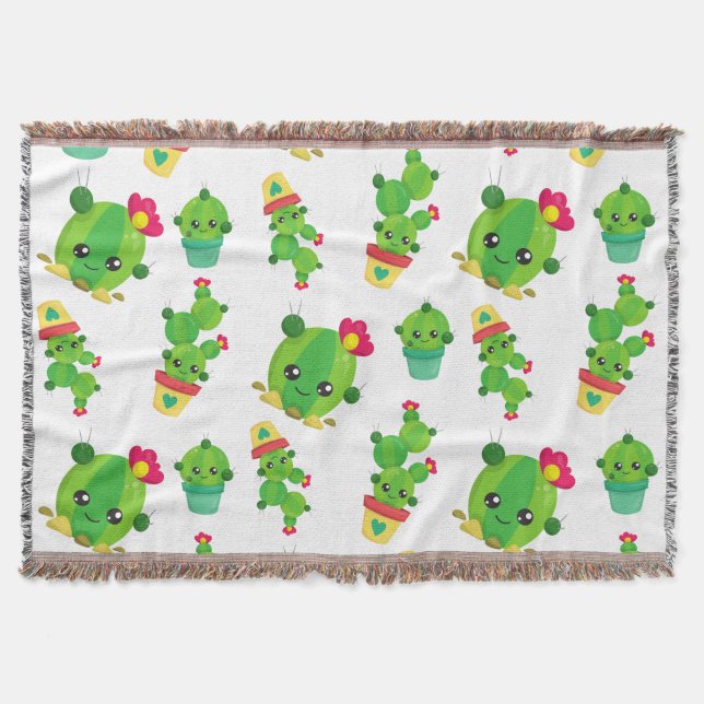 Cute Cactus, Green Cactus, Cactus Pattern Throw Blanket (Front)