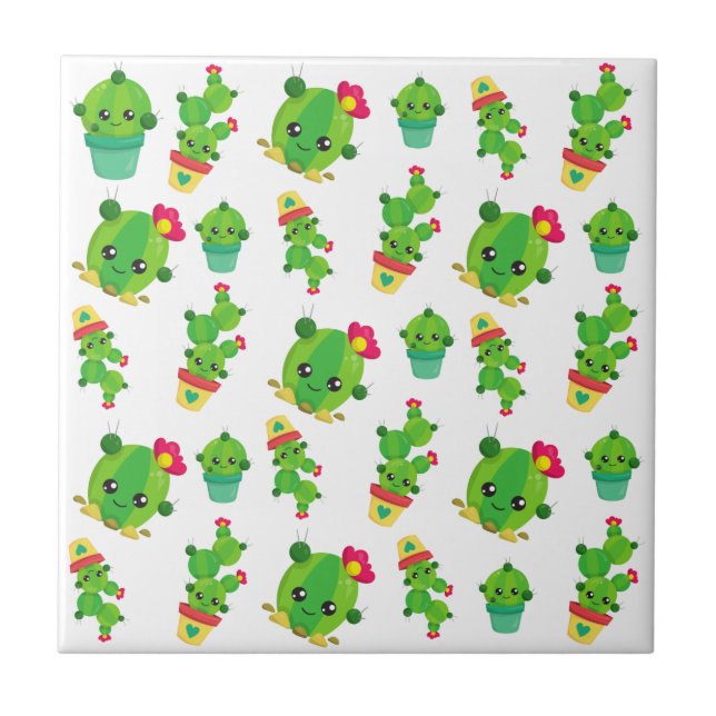 Cute Cactus, Green Cactus, Cactus Pattern Tile (Front)