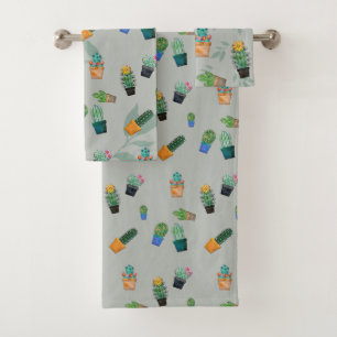 Cute Cactus Greenery Flower Pattern Bath Towel Set