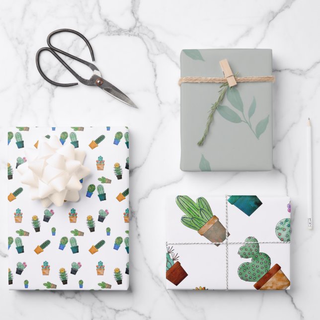 Cute Cactus Greenery Flower Pattern Wrapping Paper Sheet (Front)