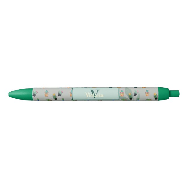 Cute Cactus Greenery Flower Personalized Print Blue Ink Pen (Front)