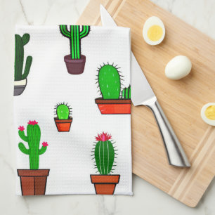 Cute Cactus illustrations Pattern White Kitchen Towel
