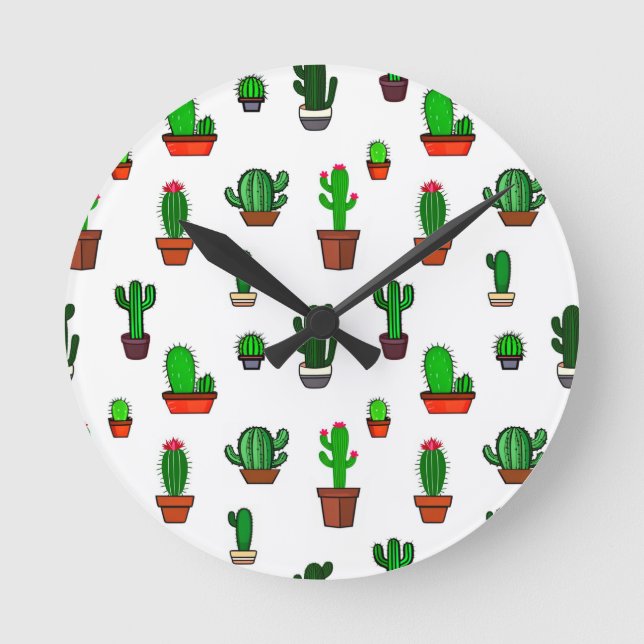 Cute Cactus illustrations Pattern White Round Clock (Front)