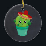 Cute Cactus in a Sombrero on Black Chalkboard Ceramic Ornament<br><div class="desc">An ornament with a cute illustration of a cactus,  with big kawaii eyes,  wearing a red sombrero. The background is a chalkboard image</div>