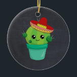 Cute Cactus in a Sombrero on Black Chalkboard Ceramic Ornament<br><div class="desc">An ornament with a cute illustration of a cactus,  with big kawaii eyes,  wearing a red sombrero. The background is a chalkboard image</div>