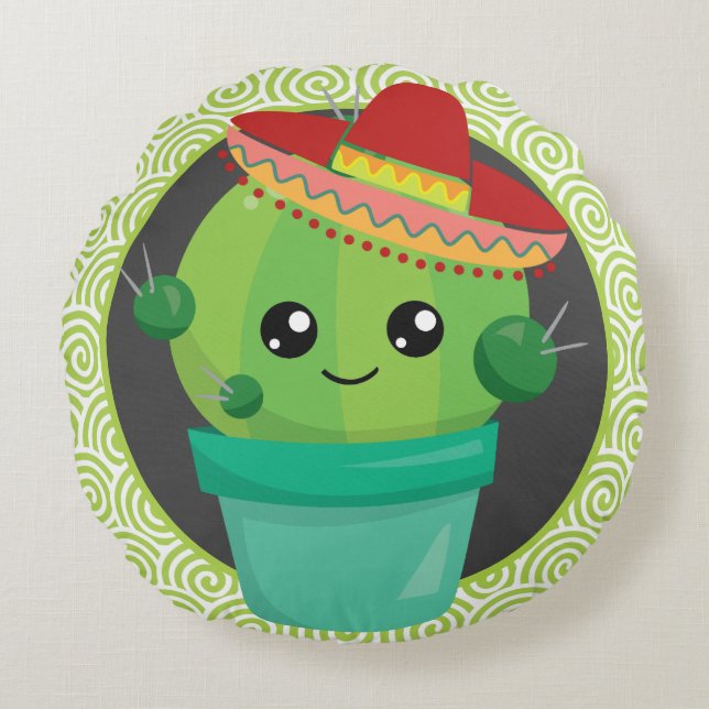 Cute Cactus in a Sombrero Round Pillow (Front)