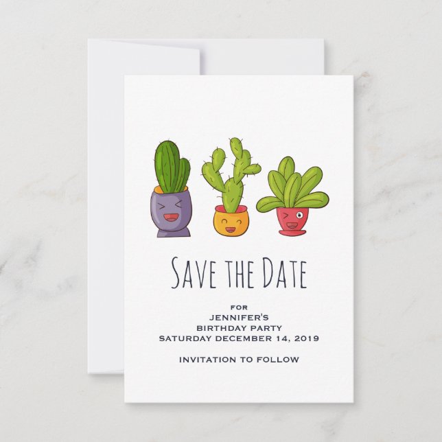 Cute Cactus in Flower Pots Illustration Save The Date (Front)