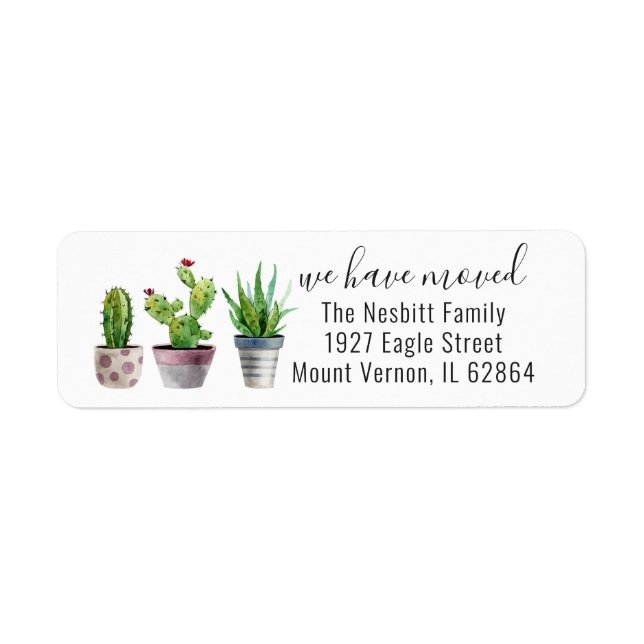 Cute Cactus Moving Announcement Return Address (Front)