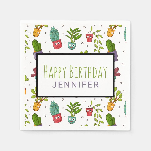 Cute Cactus Nature Succulents Pattern Birthday Napkin (Front)