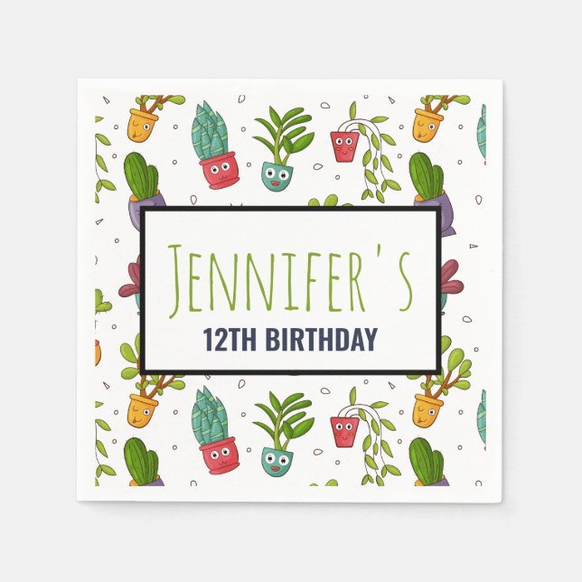 Cute Cactus Nature Succulents Pattern Birthday Napkin (Front)