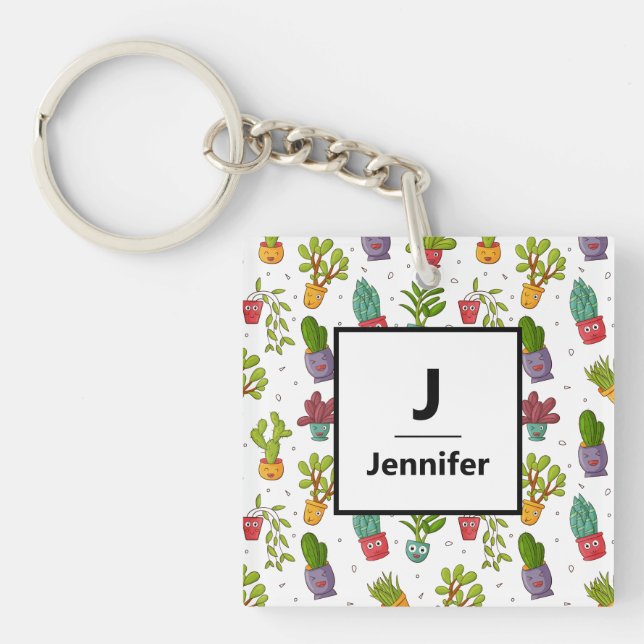 Cute Cactus Nature Succulents Pattern Monogram Keychain (Front)