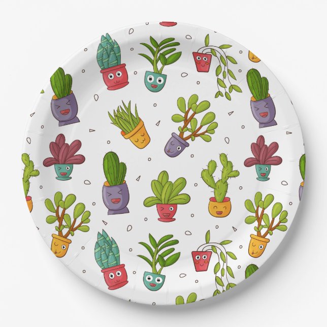 Cute Cactus Nature Succulents Pattern Paper Plate (Front)