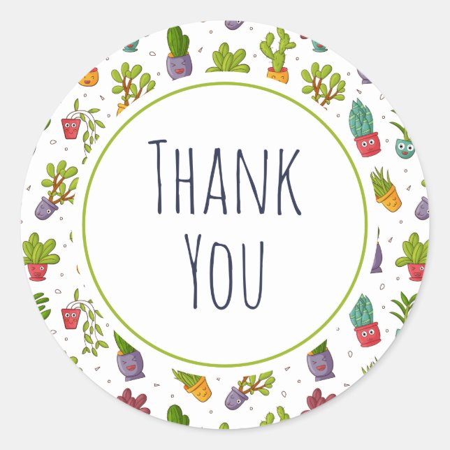 Cute Cactus Nature Succulents Pattern Thank You Classic Round Sticker (Front)