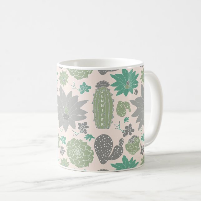 Cute Cactus Peach Grey Succulents And Name Coffee Mug (Front Right)