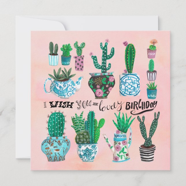 Cute cactus pink & green plant lover birthday  card (Front)