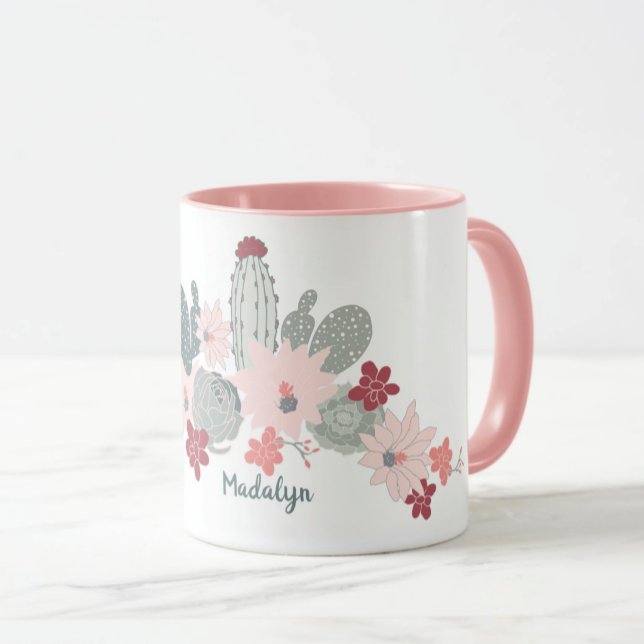 Cute Cactus Pink Succulents Pattern With Name Mug (Creator Uploaded)