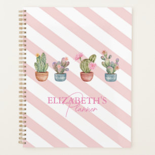 Cute Cactus Pink White Striped Pattern Planner