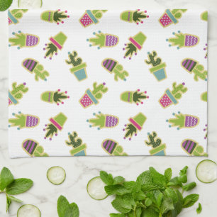 Cute cactus pots with custom background colour kitchen towel