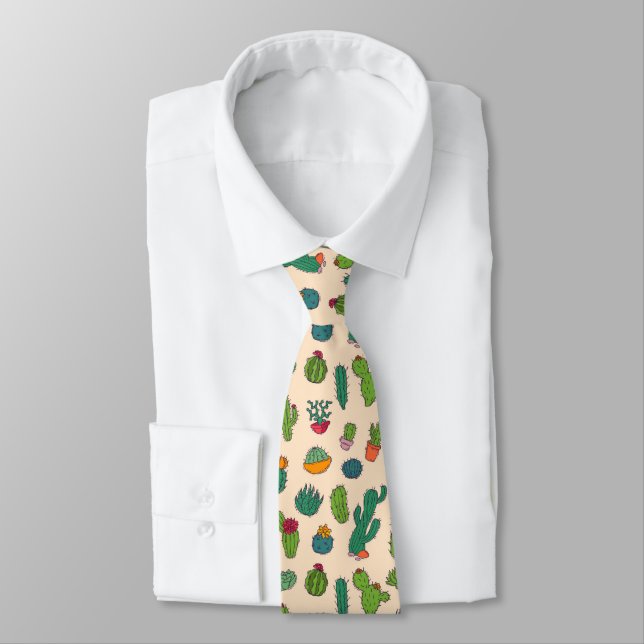 Cute Cactus Standing Pattern Tie (Tied)