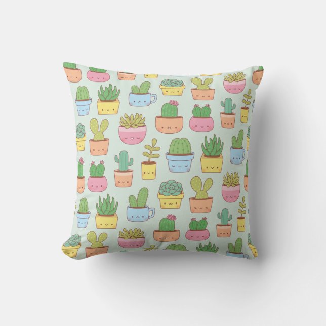 Cute Cactus Succulent Plant Colourful Pattern Throw Pillow (Front)