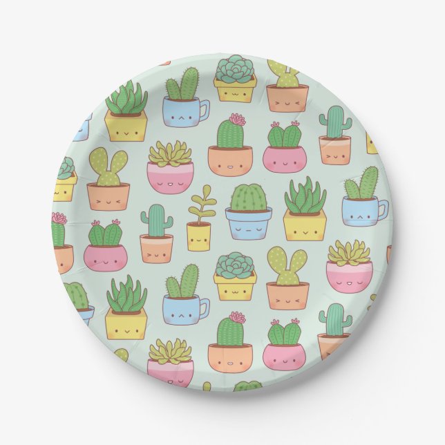 Cute Cactus Succulent Plant Pattern Party Paper Plate (Front)