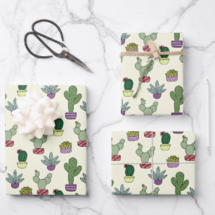 Cute Cactus Succulent Potted Plants Cacti Pattern Wrapping Paper Sheet