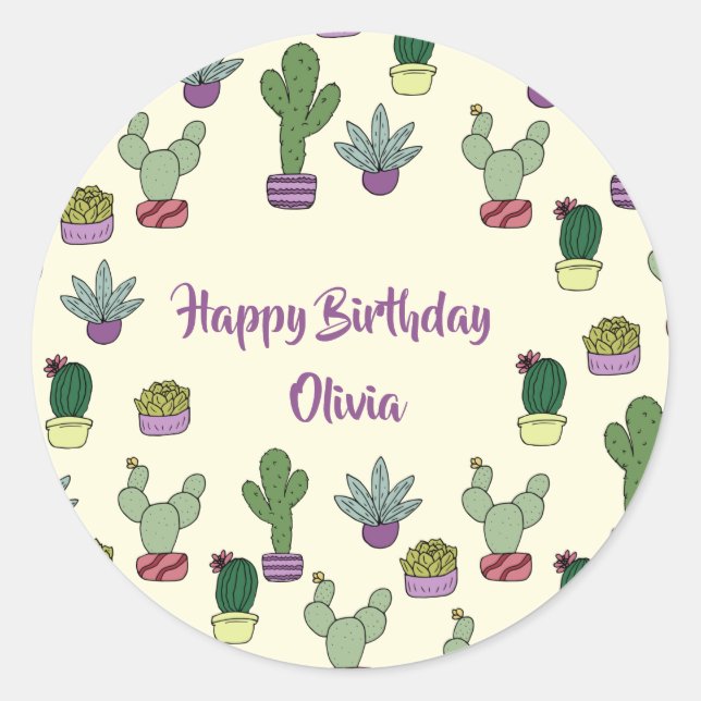Cute Cactus Succulent Potted Plants Happy Birthday Classic Round Sticker (Front)