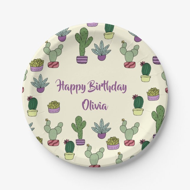 Cute Cactus Succulent Potted Plants Happy Birthday Paper Plate (Front)