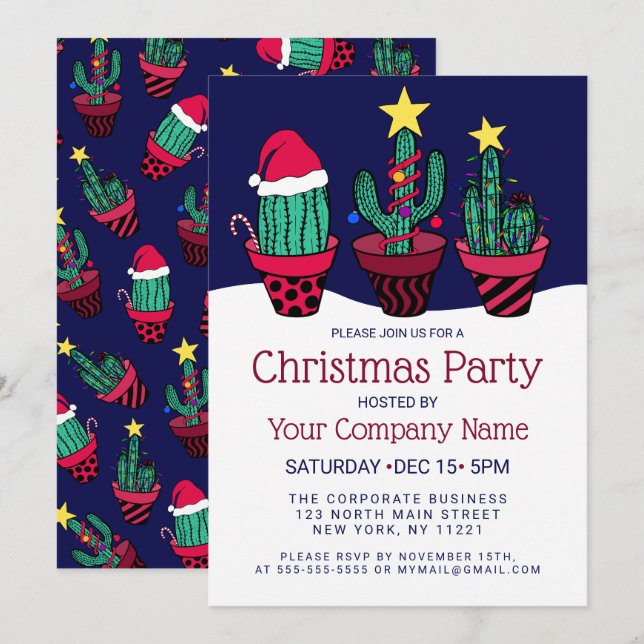Cute Cactus Tree Lights Corporate Christmas Invitation (Front/Back)
