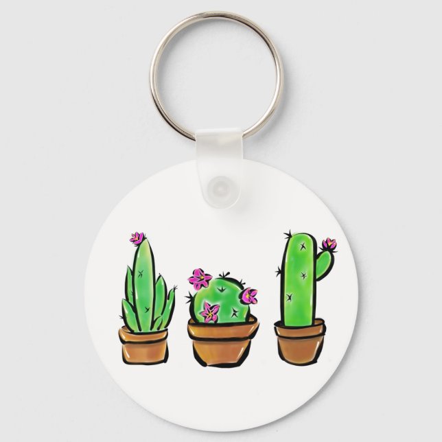 Cute Cactus Trio Illustration Keychain (Front)