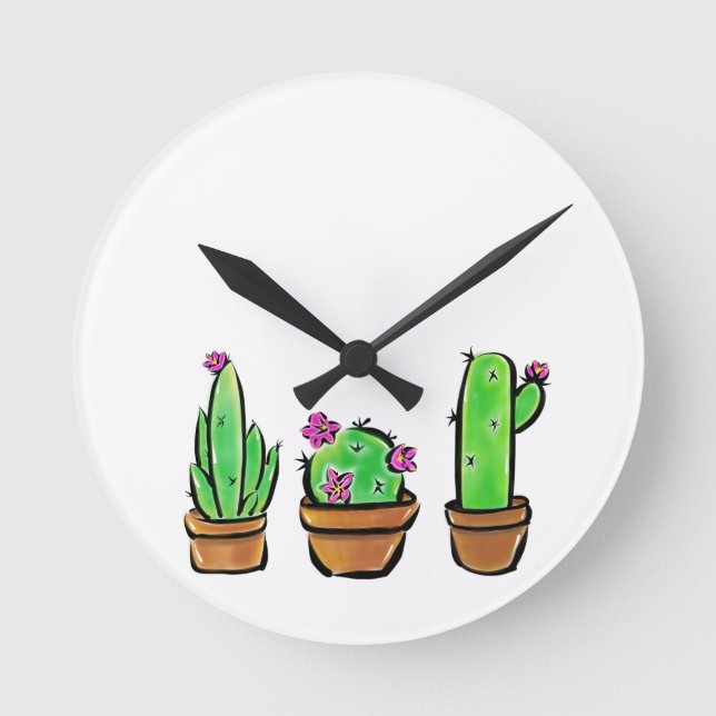 Cute Cactus Trio Illustration Round Clock (Front)