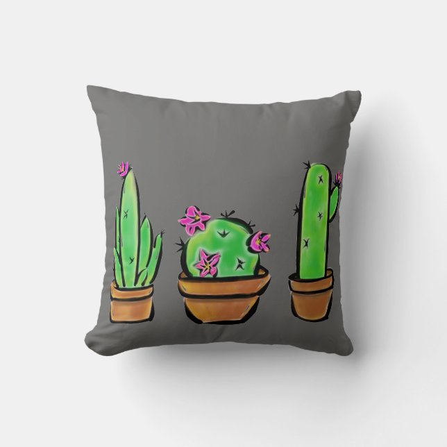 Cute Cactus Trio Illustration Throw Pillow (Front)