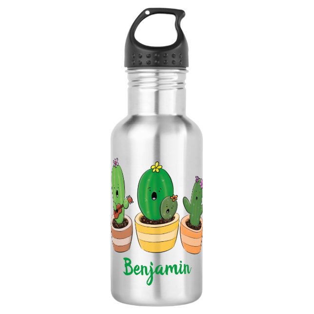 Cute cactus trio singing cartoon illustration 532 ml water bottle (Front)