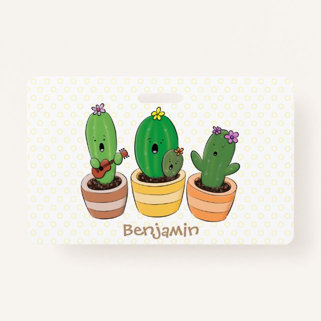 Cute cactus trio singing cartoon illustration badge (Front)