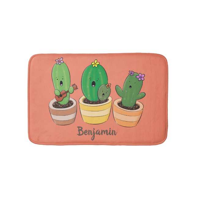 Cute cactus trio singing cartoon illustration bath mat (Front)