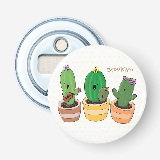 Cute cactus trio singing cartoon illustration bottle opener (Front)
