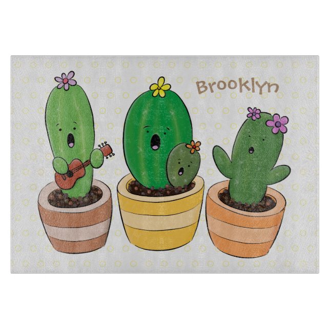 Cute cactus trio singing cartoon illustration cutting board (Front)