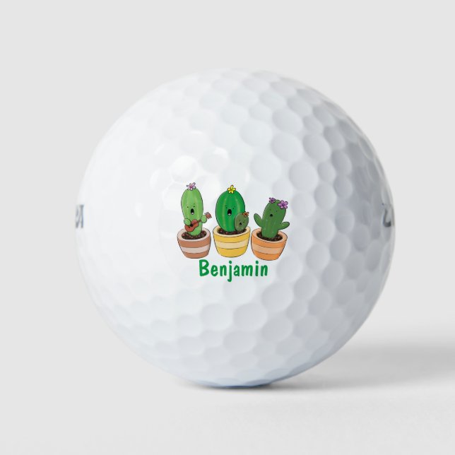 Cute cactus trio singing cartoon illustration golf balls (Front)