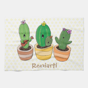 Cute cactus trio singing cartoon illustration kitchen towel