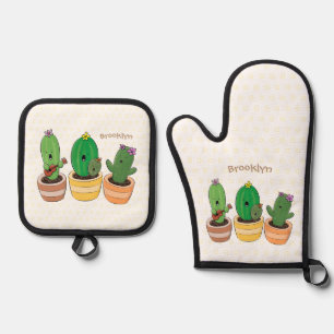 Cute cactus trio singing cartoon illustration oven mitt & pot holder set